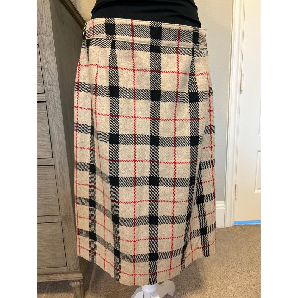 Talbots |  Wool Blend Tan Plaid Faux Wrap Midi Skirt with Fringe | 14 - Picture 8 of 10